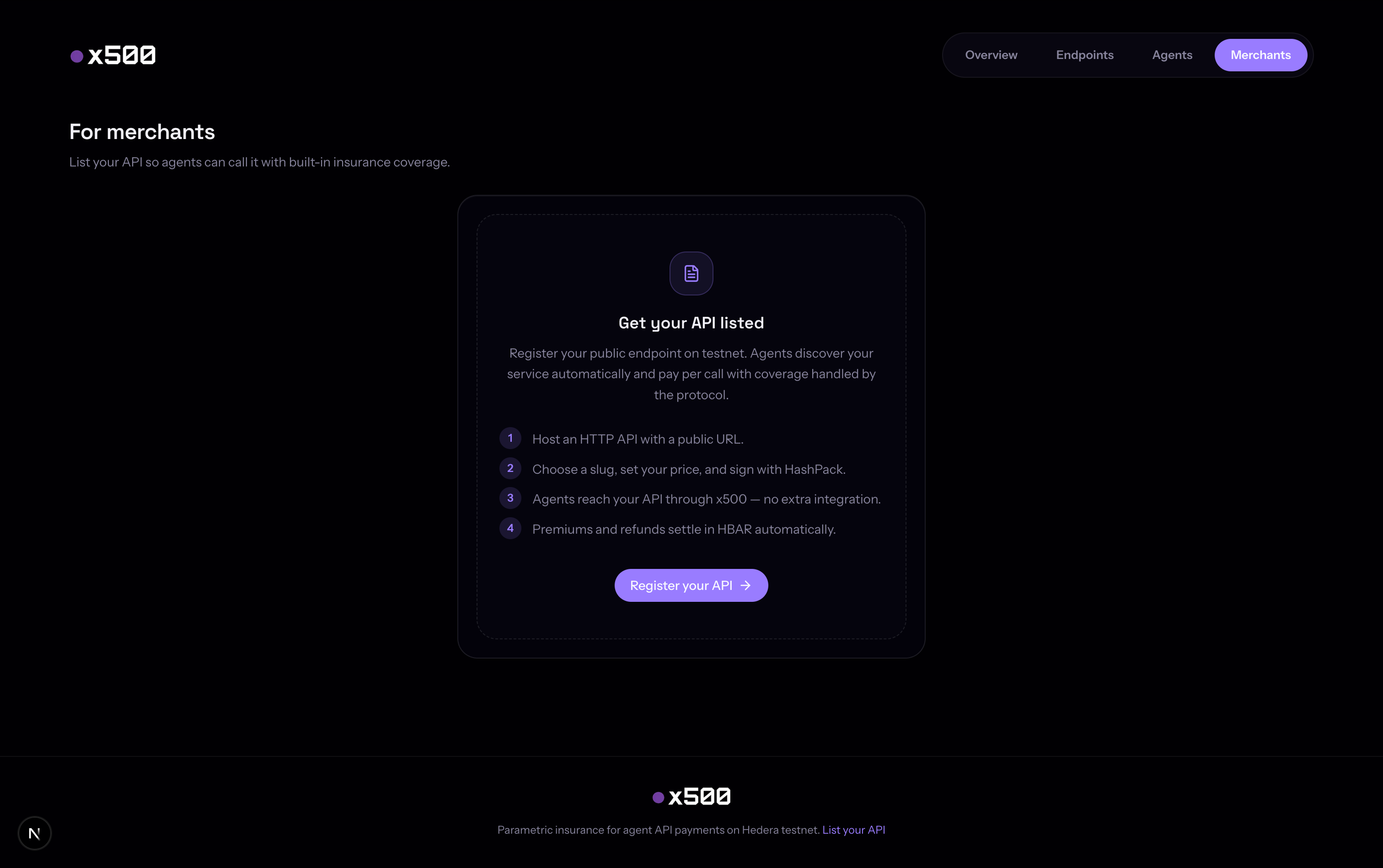Merchants page — get your API listed
