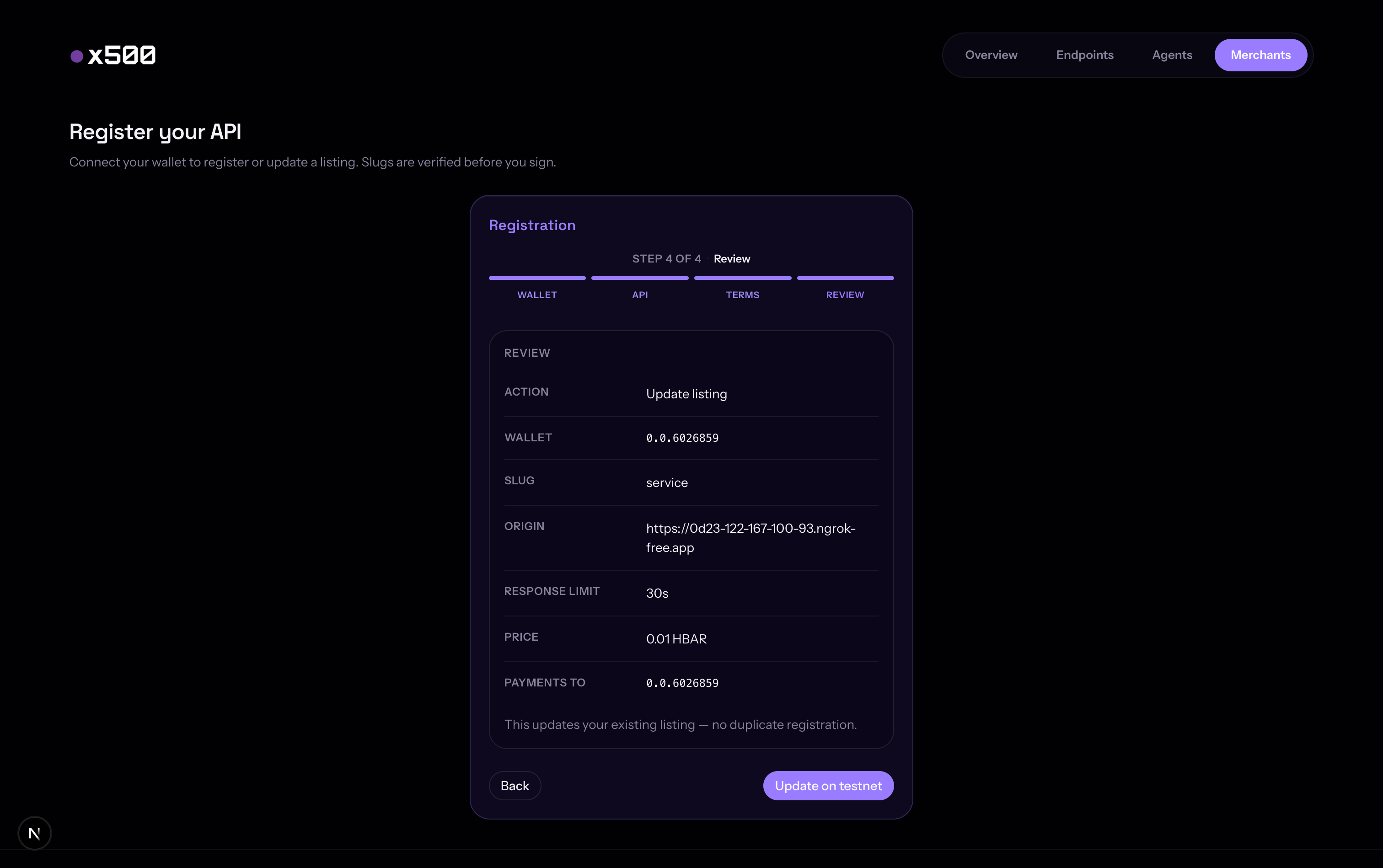 Registration review step in the dashboard